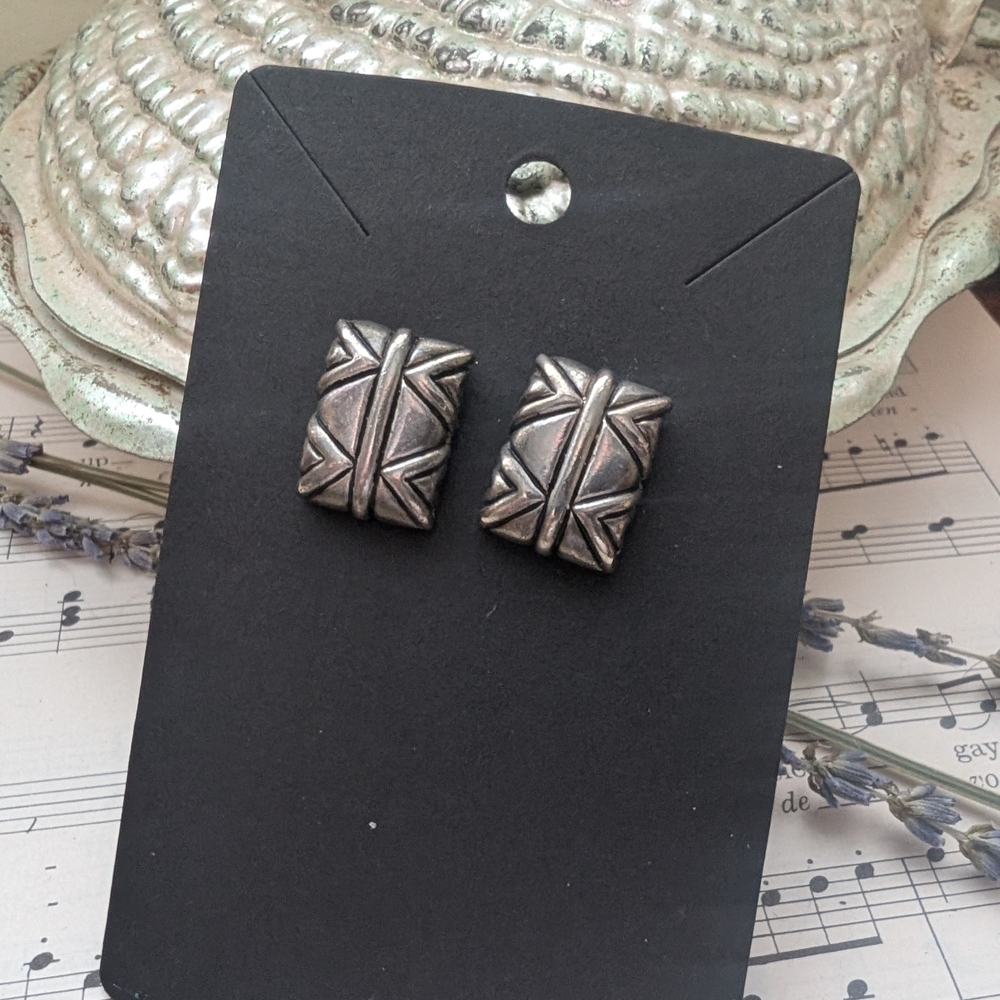 Silver Geometric Stud Earrings - Picture 3 of 7